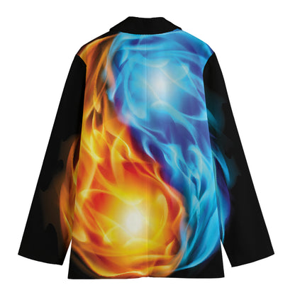 Red And Blue Fire Yin Yang Print Women's Cotton Blazer