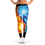 Red And Blue Fire Yin Yang Print Women's Leggings