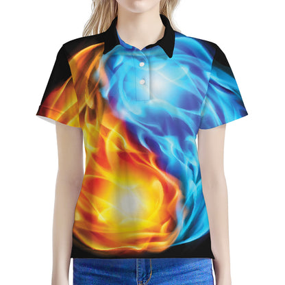 Red And Blue Fire Yin Yang Print Women's Polo Shirt