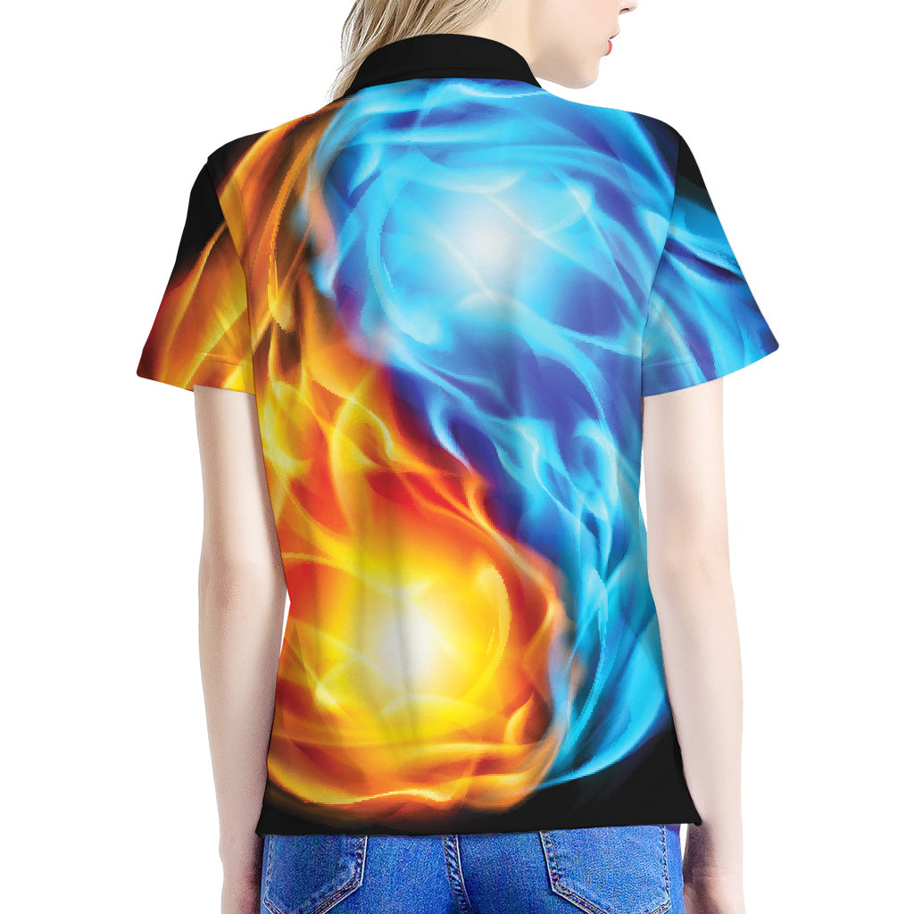 Red And Blue Fire Yin Yang Print Women's Polo Shirt