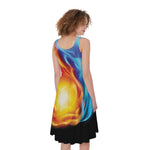 Red And Blue Fire Yin Yang Print Women's Sleeveless Dress