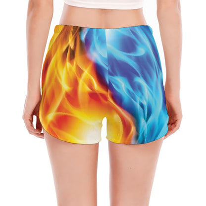 Red And Blue Fire Yin Yang Print Women's Split Running Shorts