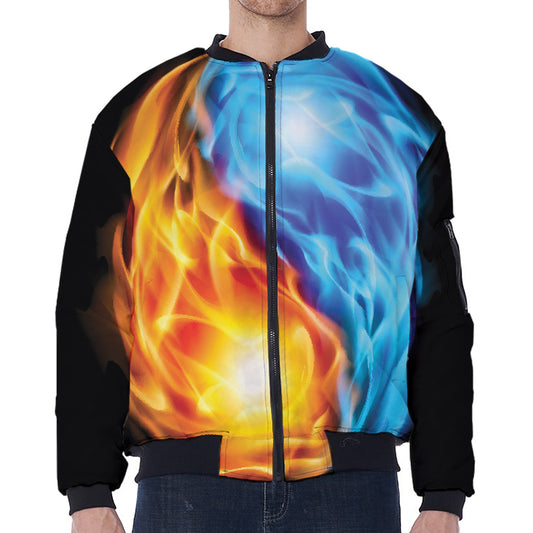 Red And Blue Fire Yin Yang Print Zip Sleeve Bomber Jacket