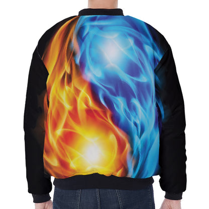 Red And Blue Fire Yin Yang Print Zip Sleeve Bomber Jacket