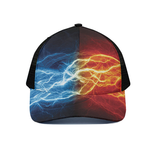 Red And Blue Lightning Print Black Mesh Trucker Cap