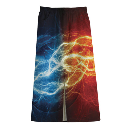 Red And Blue Lightning Print Cotton Front Slit Maxi Skirt