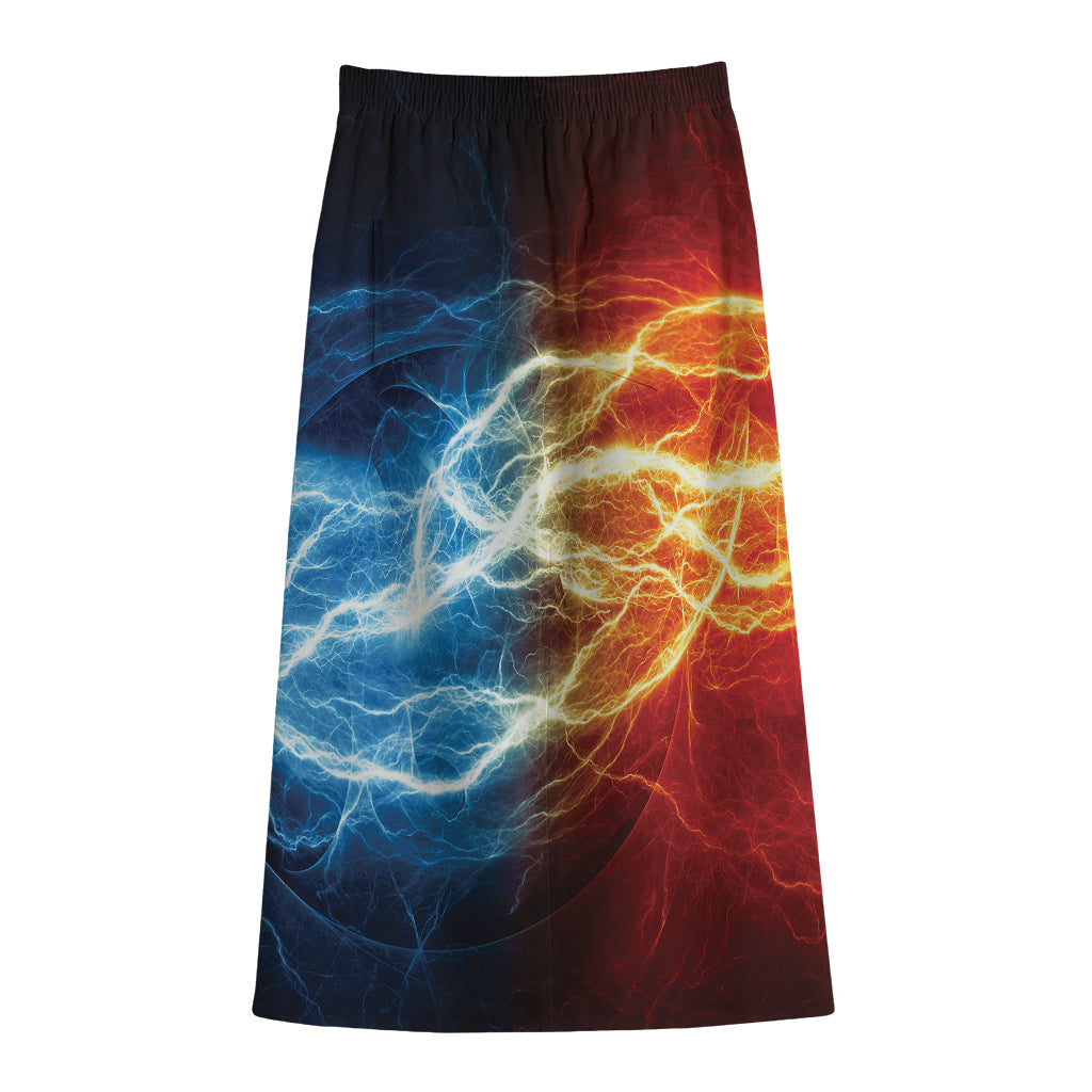Red And Blue Lightning Print Cotton Front Slit Maxi Skirt