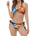 Red And Blue Lightning Print Halter Scoop Tie Side Bikini