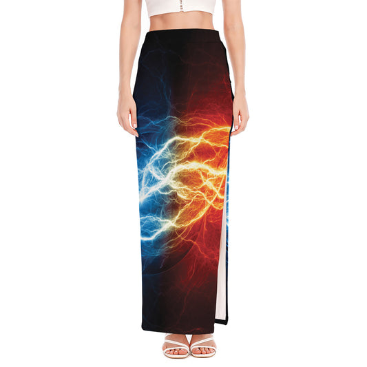 Red And Blue Lightning Print High Slit Maxi Skirt