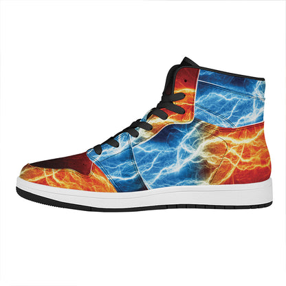 Red And Blue Lightning Print High Top Leather Sneakers
