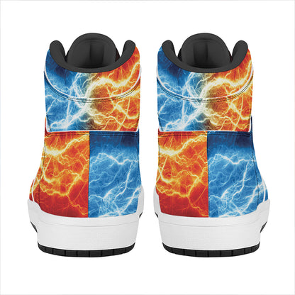 Red And Blue Lightning Print High Top Leather Sneakers