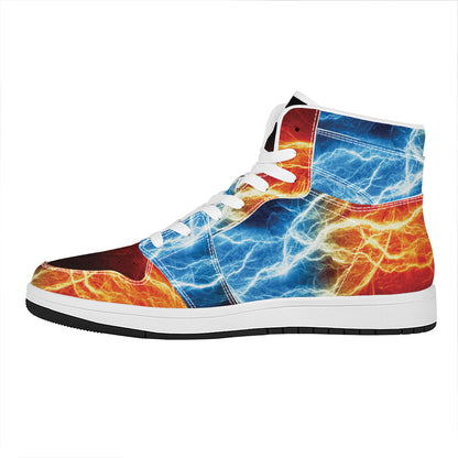 Red And Blue Lightning Print High Top Leather Sneakers