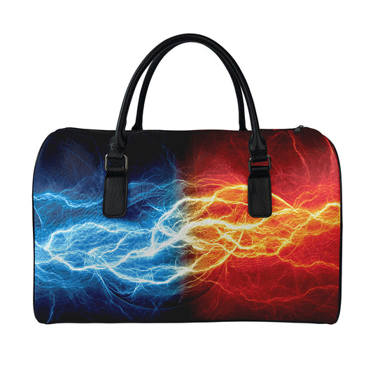 Red And Blue Lightning Print Leather Duffle Bag