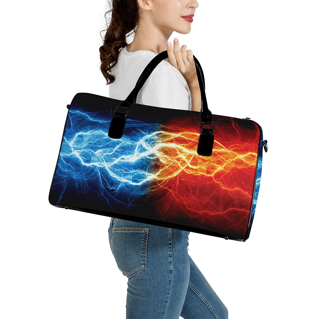 Red And Blue Lightning Print Leather Duffle Bag