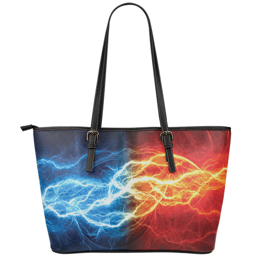 Red And Blue Lightning Print Leather Tote Bag