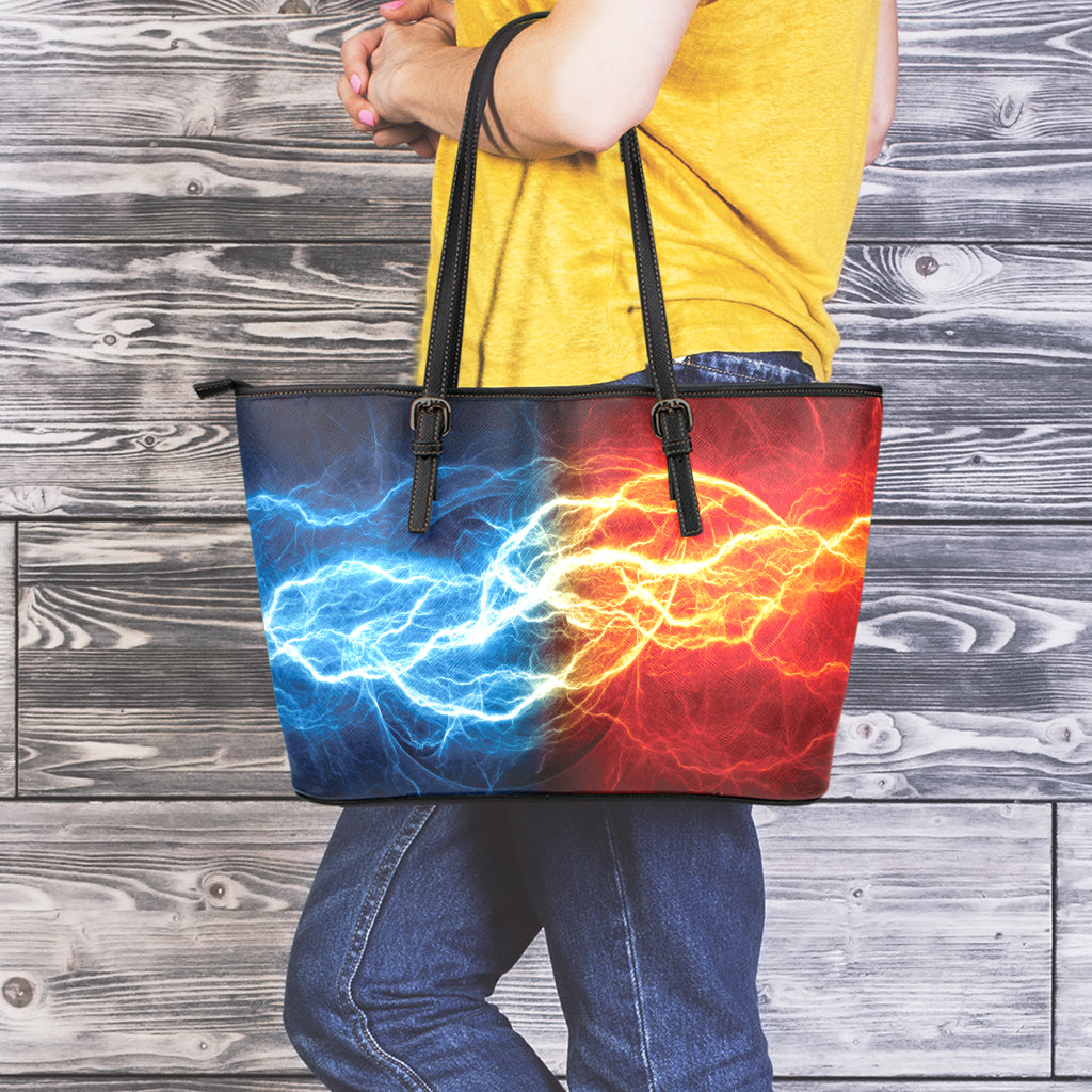 Red And Blue Lightning Print Leather Tote Bag