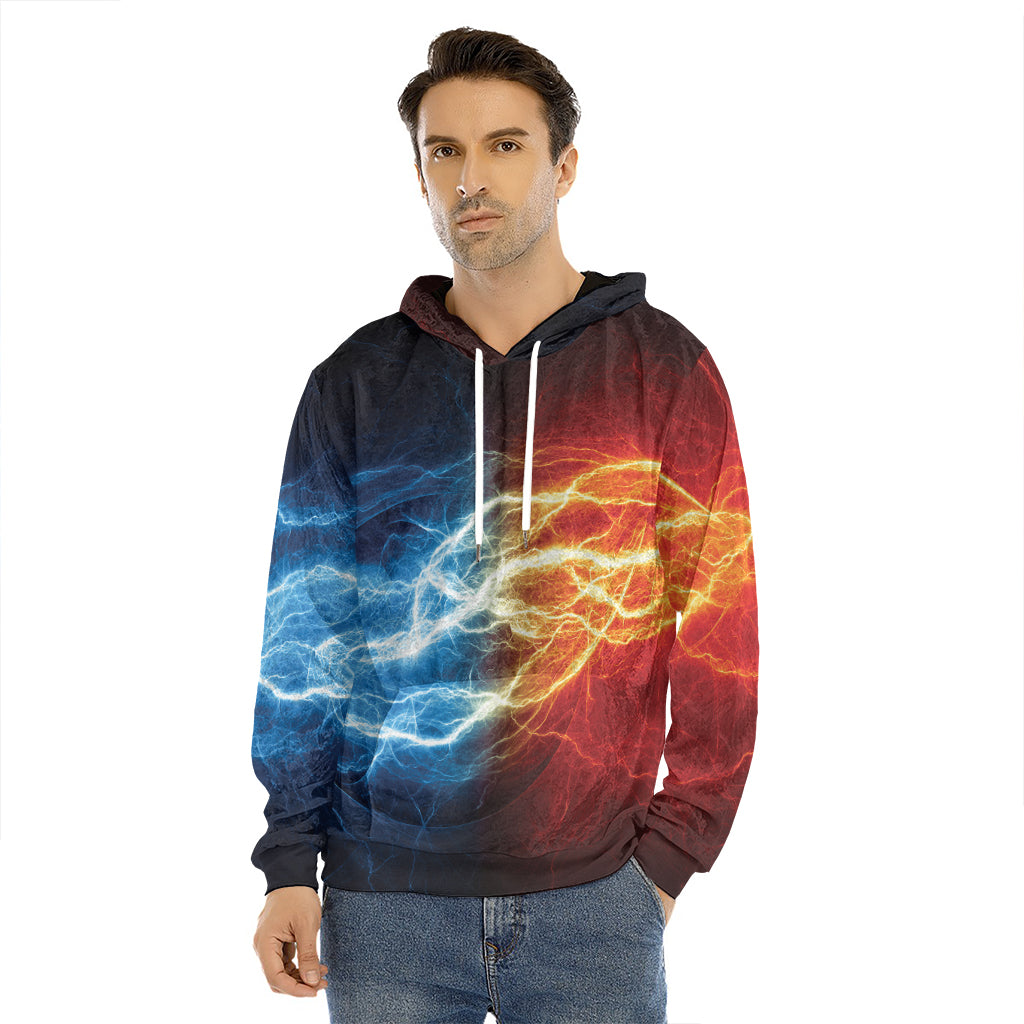 Red And Blue Lightning Print Men's Velvet Pullover Hoodie