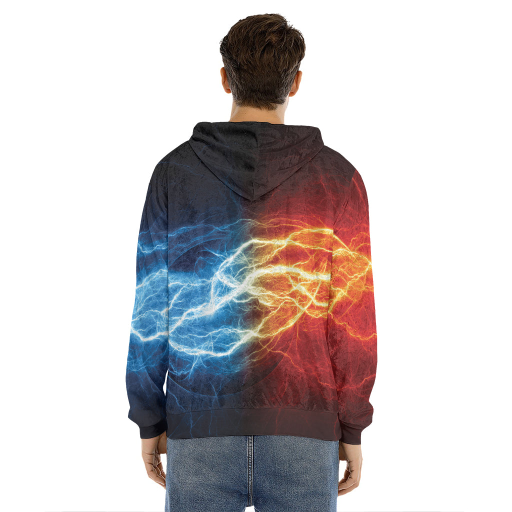 Red And Blue Lightning Print Men's Velvet Pullover Hoodie