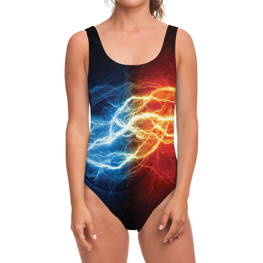 Red And Blue Lightning Print One Piece Swimsuit