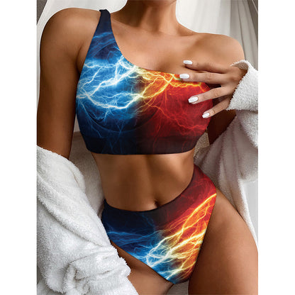 Red And Blue Lightning Print One Shoulder Bikini Top