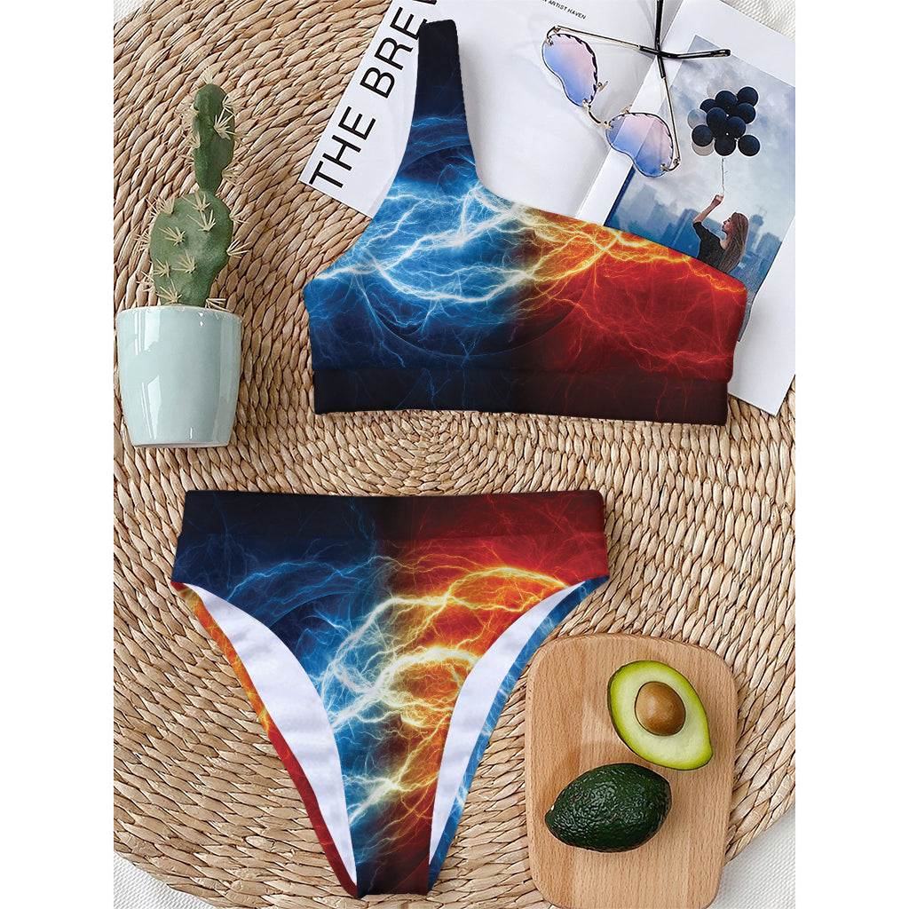 Red And Blue Lightning Print One Shoulder Bikini Top