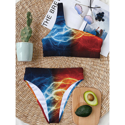 Red And Blue Lightning Print One Shoulder Bikini Top