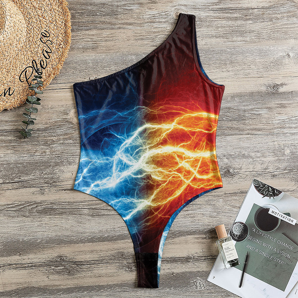 Red And Blue Lightning Print One Shoulder Bodysuit