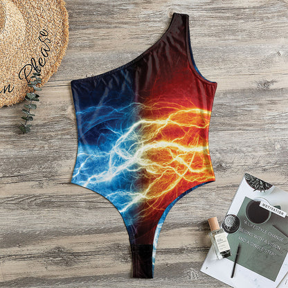 Red And Blue Lightning Print One Shoulder Bodysuit