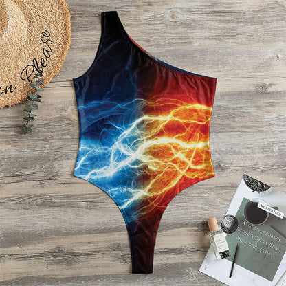 Red And Blue Lightning Print One Shoulder Bodysuit