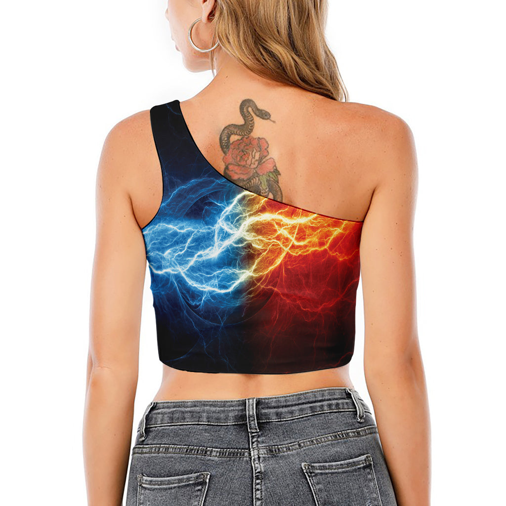 Red And Blue Lightning Print One Shoulder Crop Top