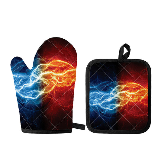 Red And Blue Lightning Print Oven Mitt And Pot Holder Set