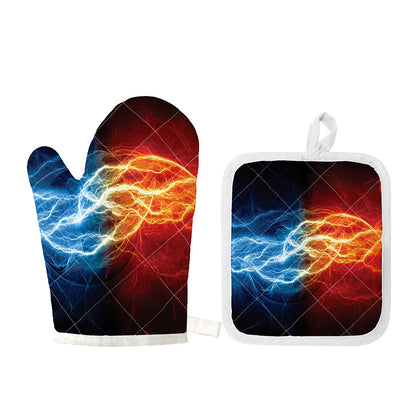 Red And Blue Lightning Print Oven Mitt And Pot Holder Set