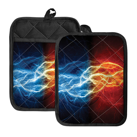 Red And Blue Lightning Print Pot Holders With Pocket