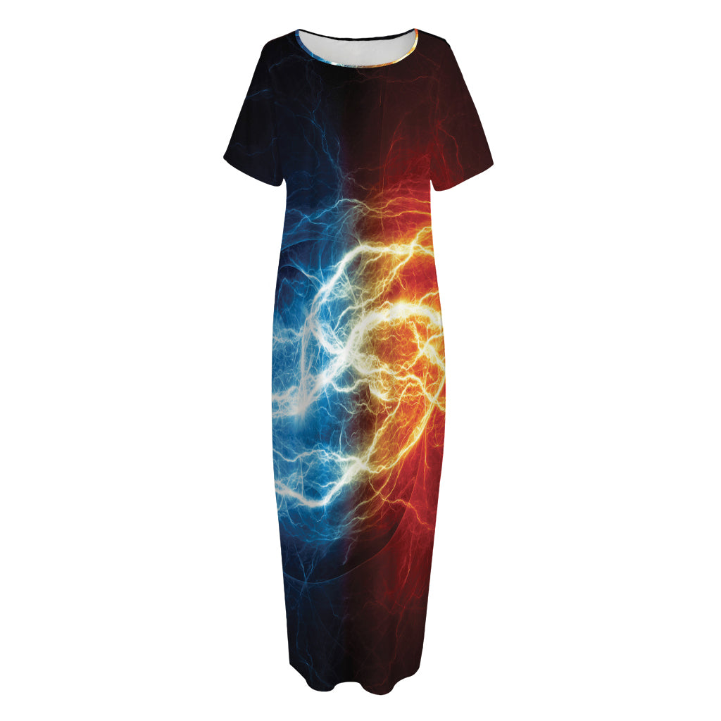 Red And Blue Lightning Print Short Sleeve Long Nightdress