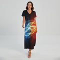 Red And Blue Lightning Print Short Sleeve Maxi Dress