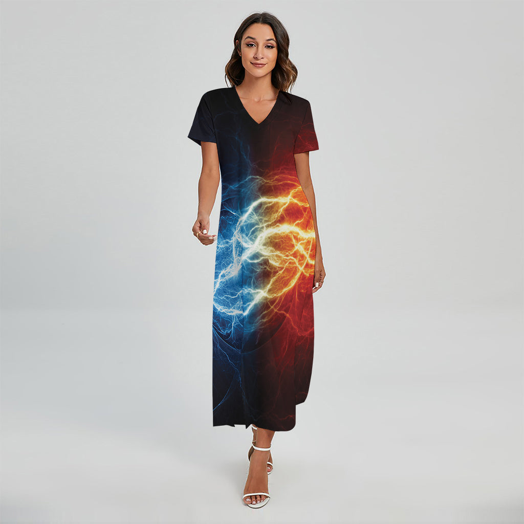 Red And Blue Lightning Print Short Sleeve Maxi Dress