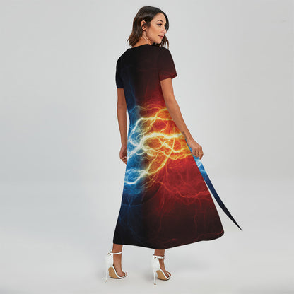 Red And Blue Lightning Print Short Sleeve Maxi Dress