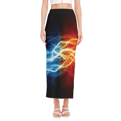 Red And Blue Lightning Print Side Slit Maxi Skirt