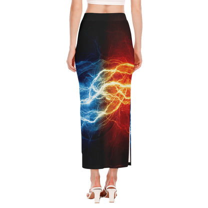 Red And Blue Lightning Print Side Slit Maxi Skirt