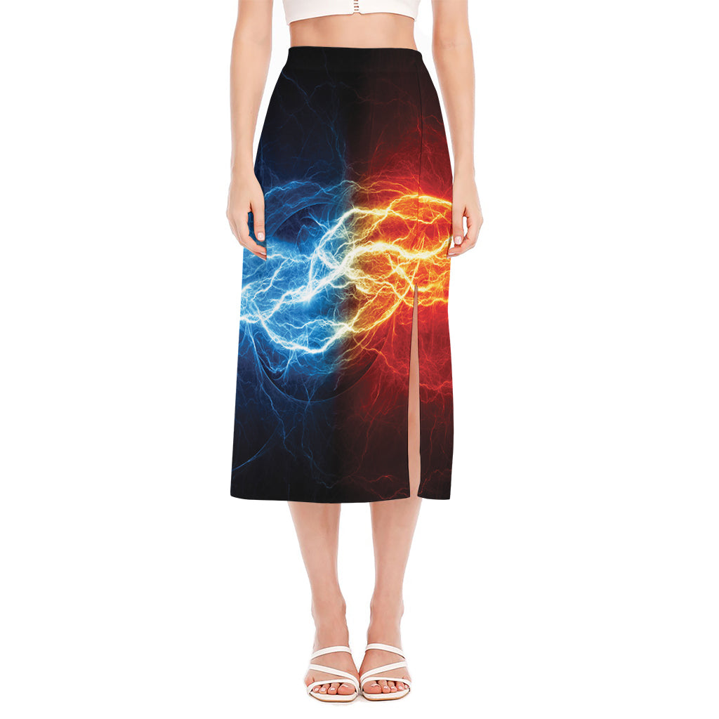 Red And Blue Lightning Print Side Slit Midi Skirt