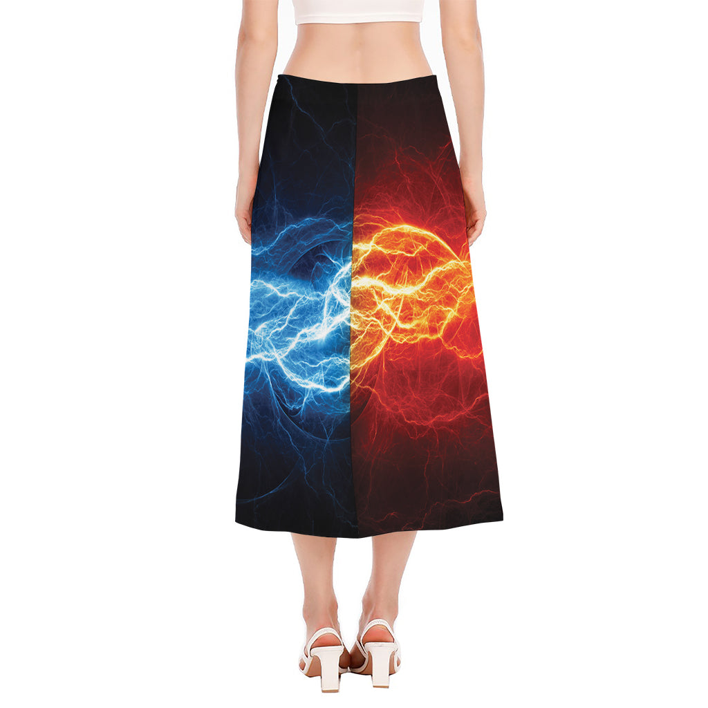 Red And Blue Lightning Print Side Slit Midi Skirt