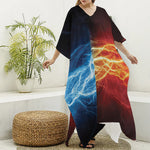 Red And Blue Lightning Print Silk V-Neck Kaftan Dress