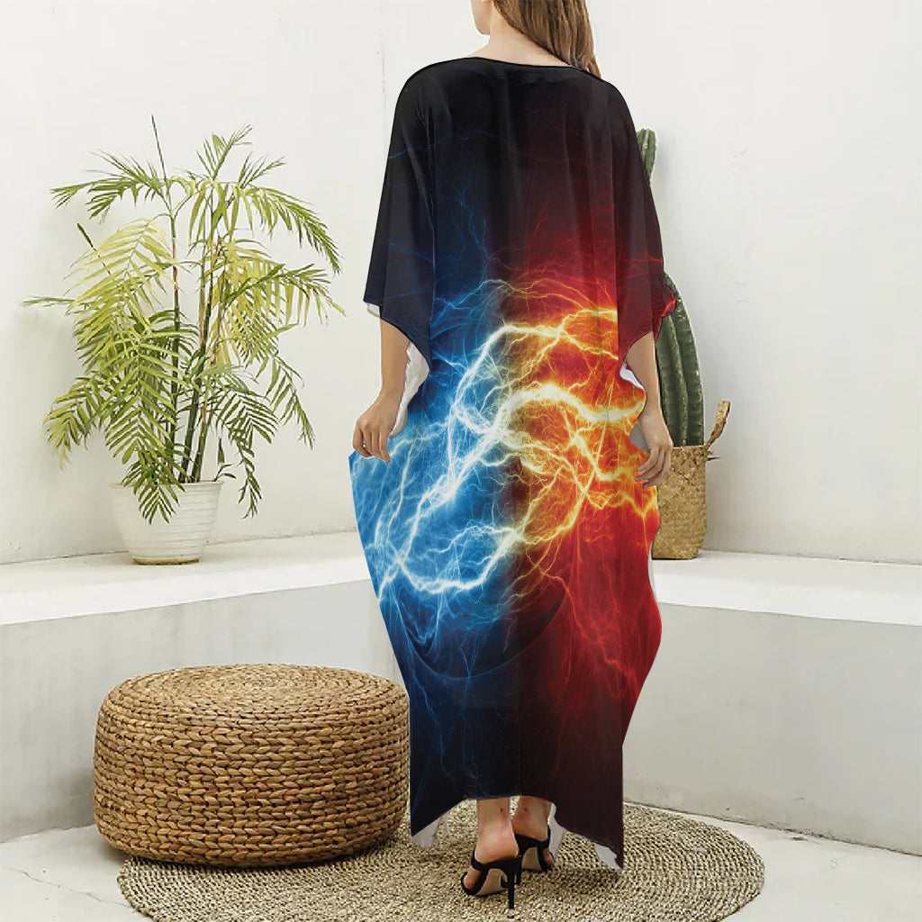 Red And Blue Lightning Print Silk V-Neck Kaftan Dress