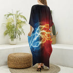 Red And Blue Lightning Print Silk V-Neck Kaftan Dress