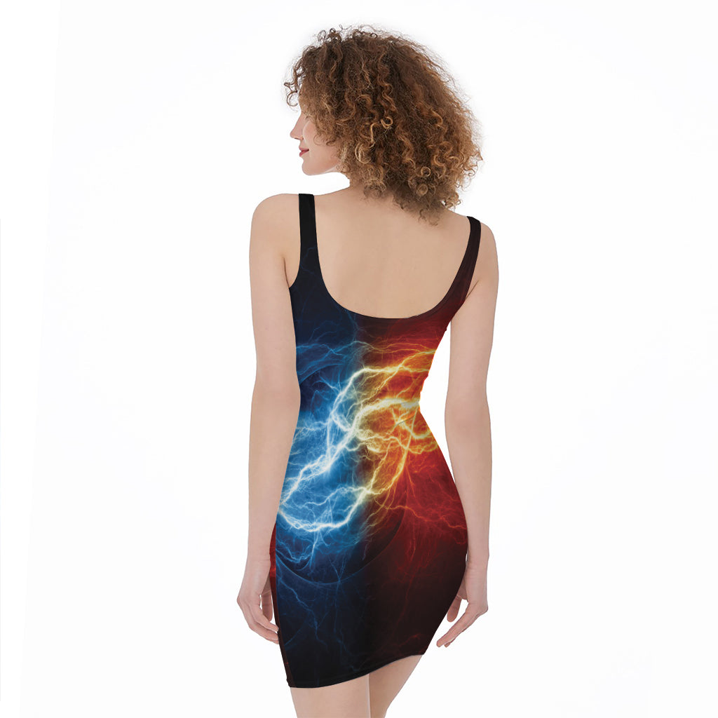 Red And Blue Lightning Print Sleeveless Bodycon Dress