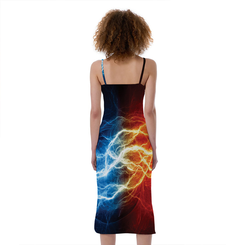 Red And Blue Lightning Print Slim Fit Midi Cami Dress