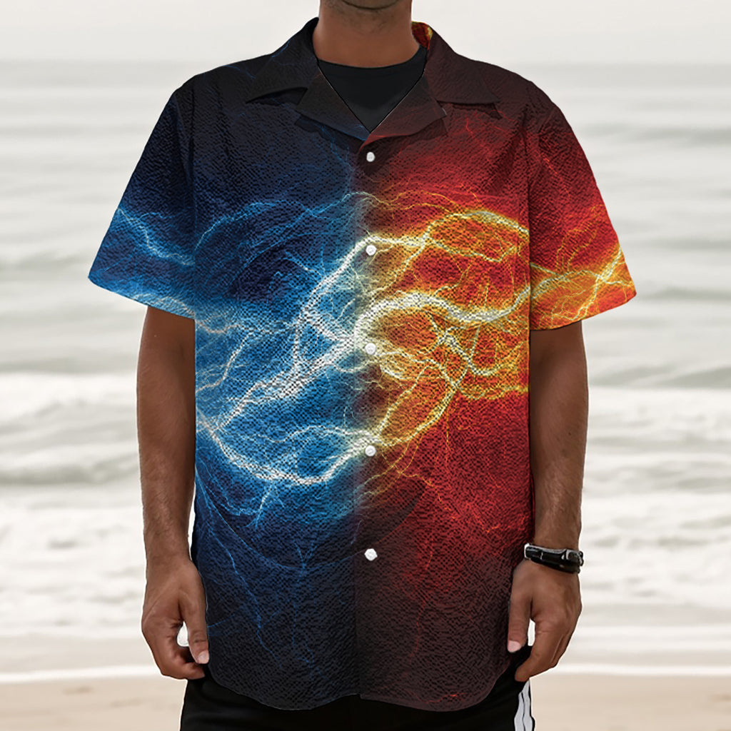 Red And Blue Lightning Print Textured Short Sleeve Shirt