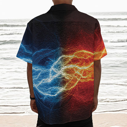Red And Blue Lightning Print Textured Short Sleeve Shirt