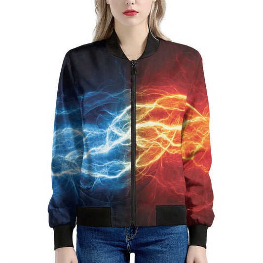 Red And Blue Lightning Print Women's Bomber Jacket