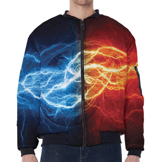 Red And Blue Lightning Print Zip Sleeve Bomber Jacket